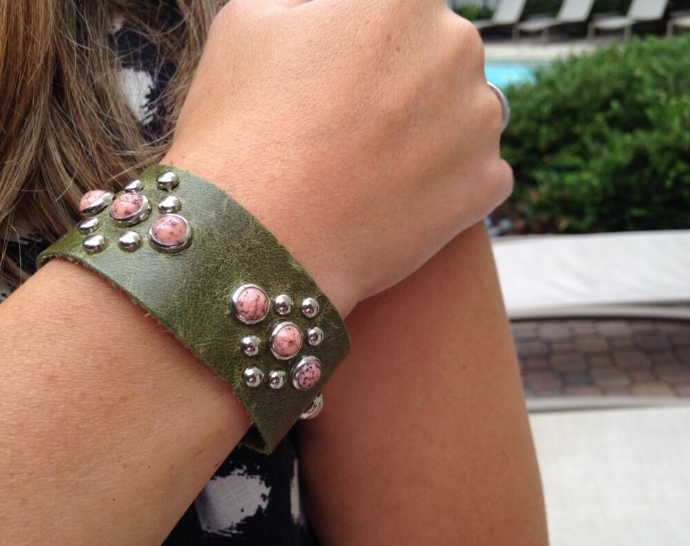 Pink Stone on Green Leather Handcrafted Bracelet